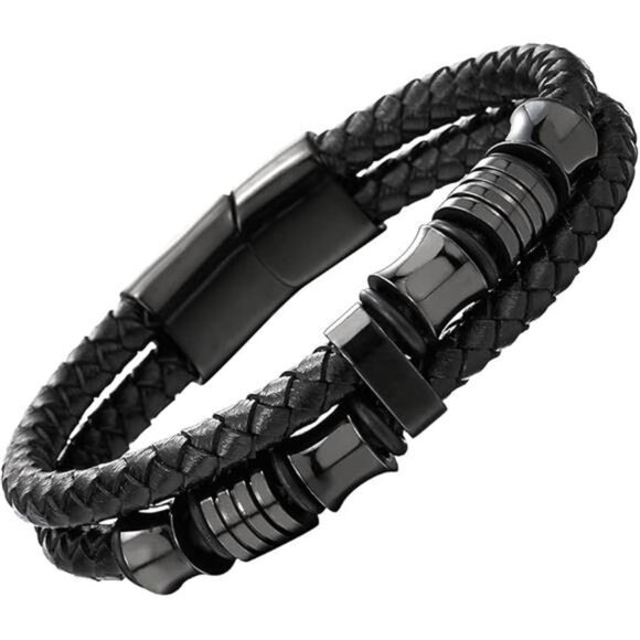 Mens Braided Leather Bracelet Double Row Bangle Wristband Stainless Steel Black - Picture 7 of 7
